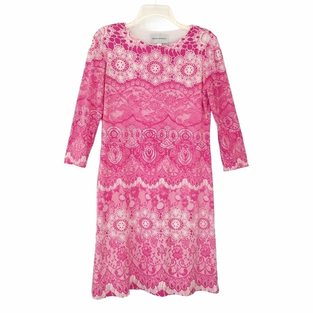 DONNA MORGAN Jersey Knit Lace Print  3/4 Sleeve Sheath Dress Size 6